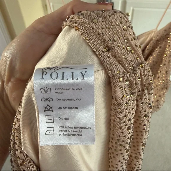 OH POLLY In the Spotlight" Ruched Mesh Embellished Mini Dress in Gold - Picture 5 of 5